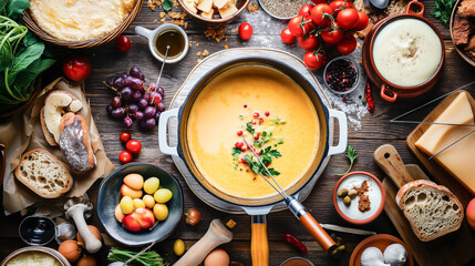 a bubbling pot of fondue, surrounded by an assortment of dipping delights such as bread, fruit, and vegetables. Against a backdrop of cozy alpine charm, the cheese fondue emits a warm