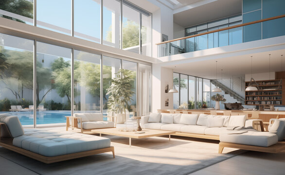 Modern living room in a villa, with white walls and a wood floor, glass windows with views of a pool outside