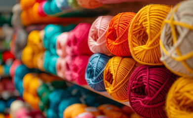 Fototapeta na wymiar Vibrant Threads: Close-Up of Colored Yarn Balls and Needlework Supplies