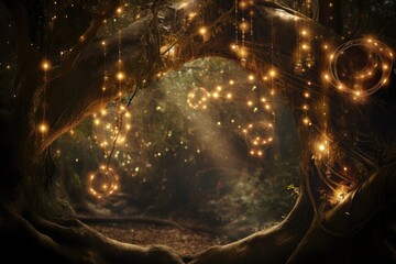Under the Tree Canopy: Rings placed on a tree branch, with twinkling lights creating a magical effect.