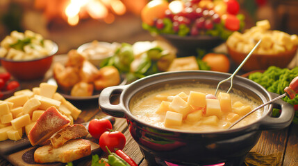 A table with a variety of foods, including a pot of soup and a bowl of cheese, fondue