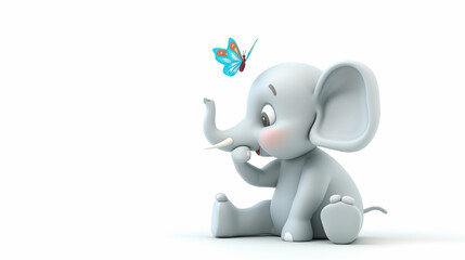 A cartoon elephant is sitting on a white background with a butterfly on its head