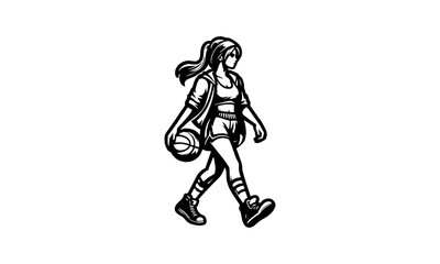Fototapeta na wymiar girl walking with basket ball in hand mascot logo character,girl walking black and white logo icon
