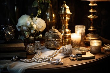 Fototapeta na wymiar Vintage Elegance: Rings on an antique table with vintage lamps creating a timeless feel.