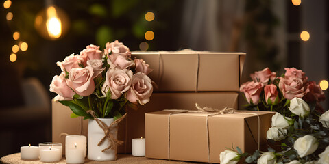 Una caja de rosas rosadas se sienta en una mesa con un montón de cajas de regalo. - obrazy, fototapety, plakaty
