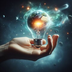A creative concept of a hand holding a lightbulb with an earth view, surrounded by cosmic energy. Represents innovation and global ideas. AI generation