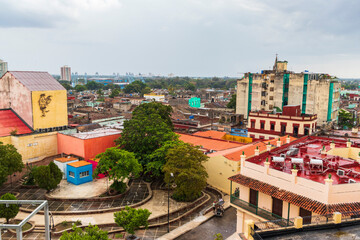 Obraz premium 03.03.2024 - Camaguey, Santa Lucia, Cuba - Areal view of the Streets of the city. Travel