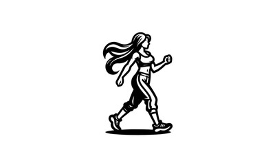 woman walking with having sports wear on body mascot logo character, woman walking black and white logo icon