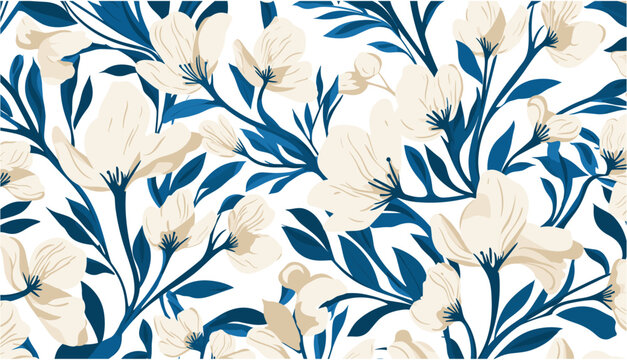 抽象的な青い花アートのシームレスなパターン。トレンディな現代的な花の自然の形の背景イラスト。天然の有機植物の葉のアートワークの壁紙プリント。ビンテージ春のテクスチャです。