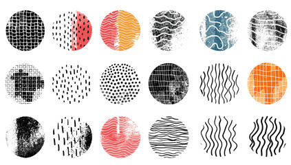 手描きのパターン テクスチャ セット、ベクトル落書き線の抽象的な背景、波状のペン落書きスケッチ。丸いグランジストロークのシンプルな有機クロスハッチ、ドット粒。現代落書き水平現代線