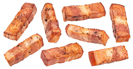 Fried Italian pancetta bacon isolated on white background, full depth of field - 768696497