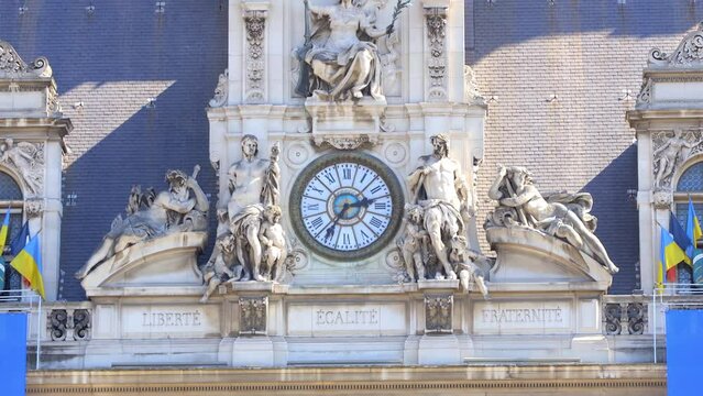 Clock of the Hotel de Ville, the city hall of Paris, France