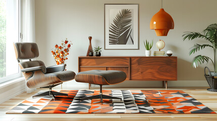 A mid-century modern living room with a teak wood sideboard, a retro patterned rug, an Eames lounge chair, and a statement pendant light - obrazy, fototapety, plakaty