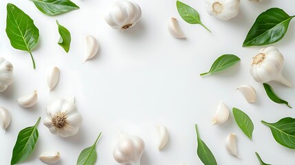 Fototapeta na wymiar garlic with leaves isolated on white background. Top view. Flat lay. Generative Ai