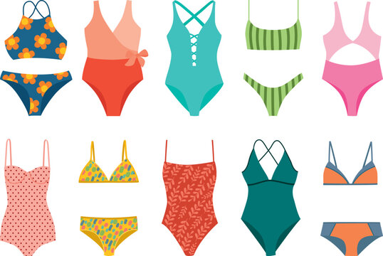 Set of vector illustration of colorful swimsuit. Cute hand drawn fashionable bikini in flat style	