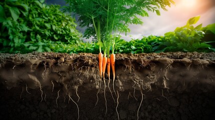 An illustrative cross-section view of fertile farmland showcasing regenerative agriculture practices with vibrant, healthy soil layers and robust carrots thriving underground.