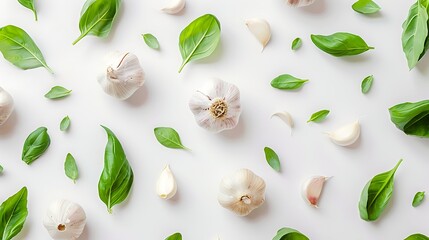 garlic with leaves isolated on white background. Top view. Flat lay. Generative Ai