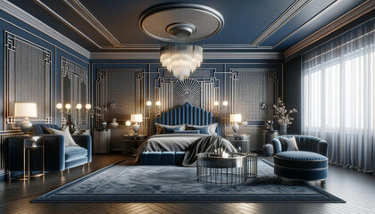 Luxury living room Navy Blue, Generated-AI illustrations