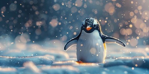 Joyful Penguin Sliding on Snowy Ice Landscape During Frosty Winter Season - obrazy, fototapety, plakaty