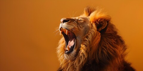 Majestic Lion Letting Out Gentle Yawn Regal King at Rest in Warm Lighting - obrazy, fototapety, plakaty
