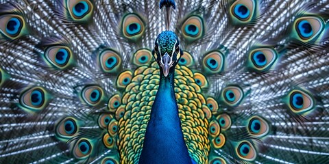 Majestic Peacock Displaying Its Breathtaking Feathers in a Captivating Natural Setting - obrazy, fototapety, plakaty