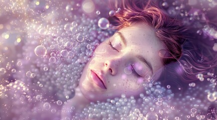 Woman with hair and bubbles on purple tone. A serene depiction of a woman's hair with bubbles on a purplish backdrop evoking calm and tranquility - obrazy, fototapety, plakaty