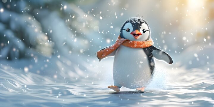 Joyful Penguin Sliding on Icy Frozen Landscape with Snowy Copy Space