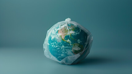 Earth globe in a plastic bag, representing global warming and the concept of saving the planet. Perfect for environmental campaigns and awareness.