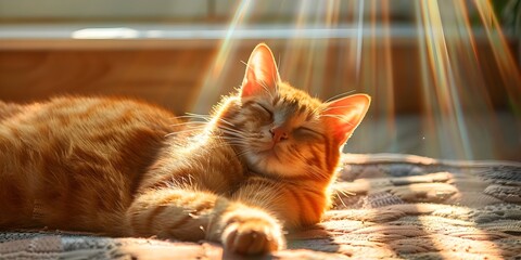 A cozy ginger tabby cat is curled up in a sun-drenched spot eyes closed and paws tucked in...