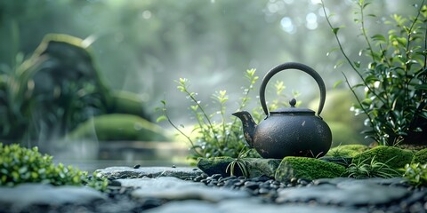Tranquil Herbal Tea Garden Brew of Soothing Serenity with Lush Foliage and Cozy Atmosphere - obrazy, fototapety, plakaty
