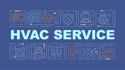 HVAC maintenance blue word concept. Heating and cooling system. Typography banner. Flat design. Vector illustration with title text, editable line icons. Ready to use. Arial Black font used