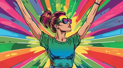 Euphoric Woman Celebrating in a Burst of Comic-Style Rainbow Colors - obrazy, fototapety, plakaty