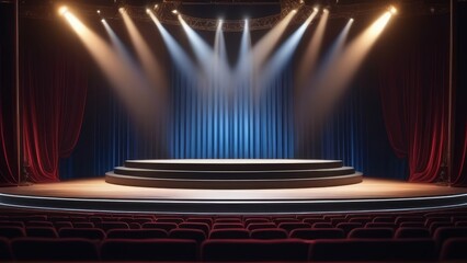 A stage with a red curtain and a wooden floor. The stage is empty and the audience is seated in the...