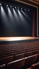 A stage with a red curtain and a wooden floor. The stage is empty and the audience is seated in the chairs