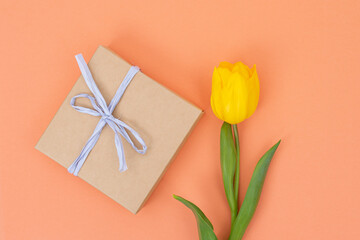 Craft paper gift box with white ribbon and single yellow tulip on an orange background