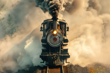 An antique steam-powered railroad train rushes down the tracks in smoke aerial - obrazy, fototapety, plakaty