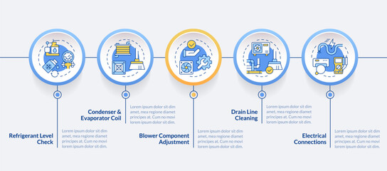 Air conditioning inspection blue circle infographic template. Data visualization with 5 steps. Editable timeline info chart. Workflow layout with line icons. Lato-Bold, Regular fonts used