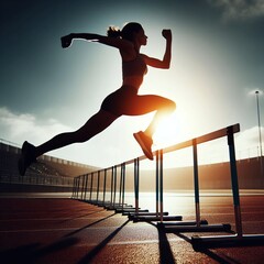 Woman jumping hurdles