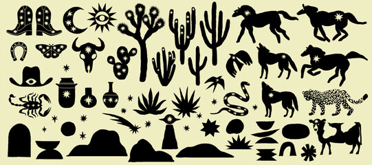 Collection western design elements, hand draw, black color