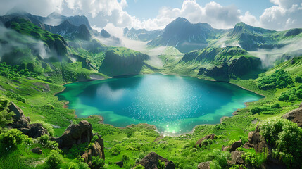 Obraz premium Crystal Waters and Towering Peaks: Natures Harmony Echoes in a Landscape of Pristine Beauty and Untouched Wilderness