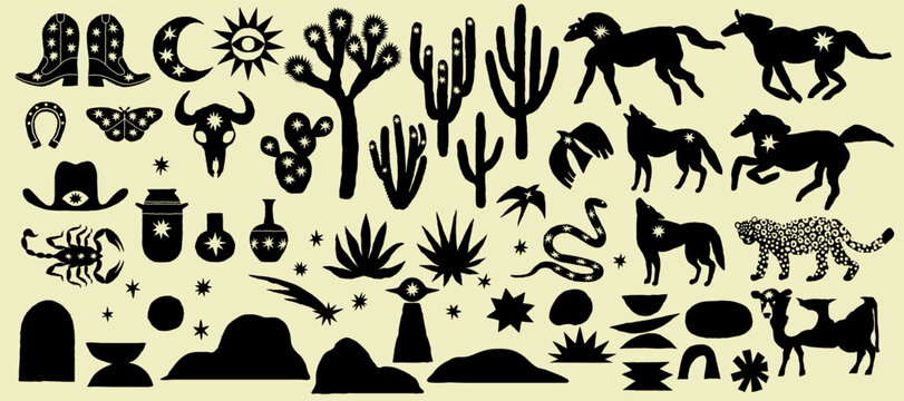 Collection western design elements, hand draw, black color