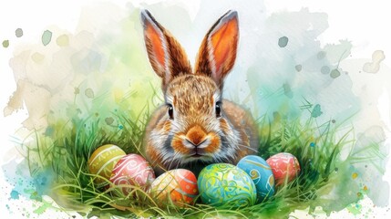 A vibrant watercolor painting of a bunny surrounded by a collection of colorful Easter eggs.