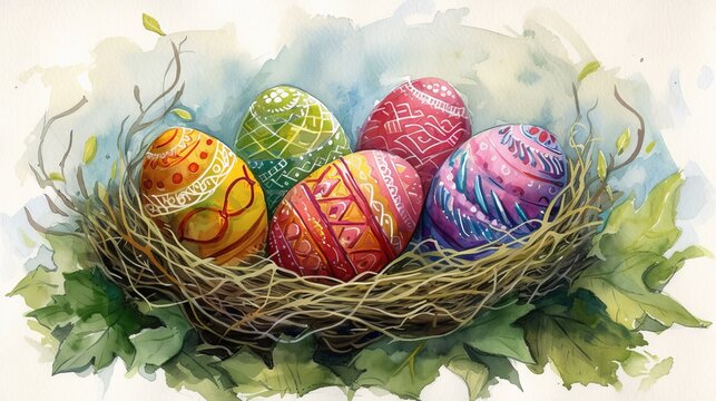 Artistic watercolor of two decorated Easter eggs nestled in a natural twig nest amidst greenery.