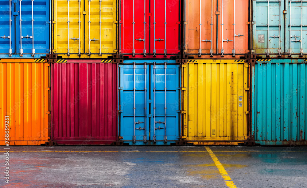 Poster vibrant array of shipping containers at the port