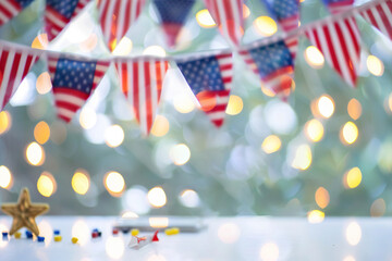 hanging us flags confetti with star on table bokeh blur image . 4th of July happy independent day background empty space 