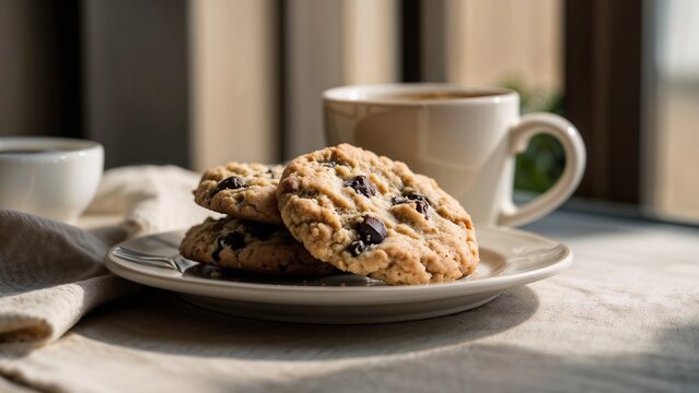 Two Cookies on a Napkin Alongside a Cup of Coffee, Infused with Soft Yellow Tones