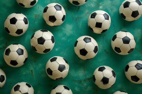 Circle of Soccer Balls on Green Field with Black and White Ball in Middle