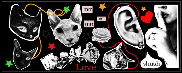 Vintage collage gothic grange hipster set. Halftone hands, mouth, cat, rose.Ear and hand gesture silence. Modern vector illustration.