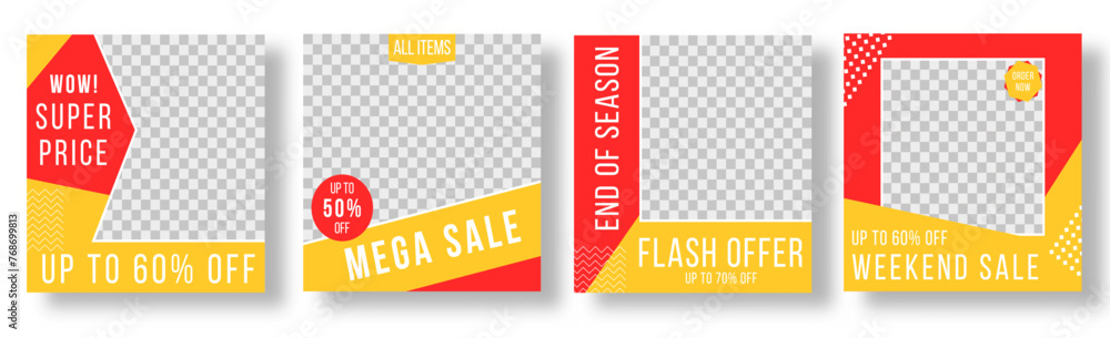 Poster set of editable minimal square banner templates. black and yellow color background with line stripe.