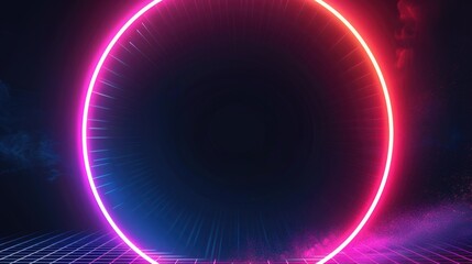 Cyber portal: bright neon ring with smoke in the dark